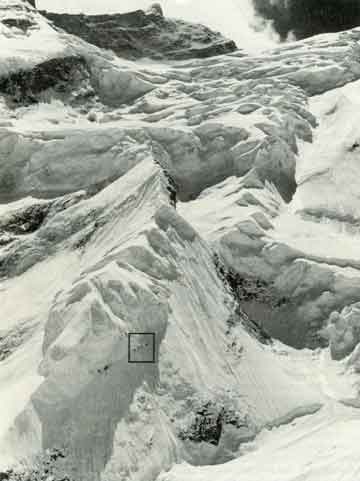 
View of the Dutch Rib showing 4 climbers with Annapurna East above 1978 - Annapurna: A Woman's Place book
